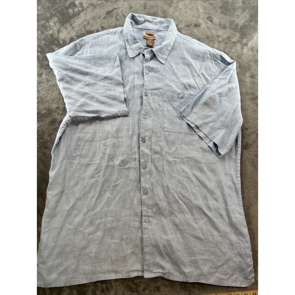 Bruno Men 2XLT Casual Button-Up Pure Linen Shirt Blue Short Sleeve Pocket Casual - Picture 2 of 6